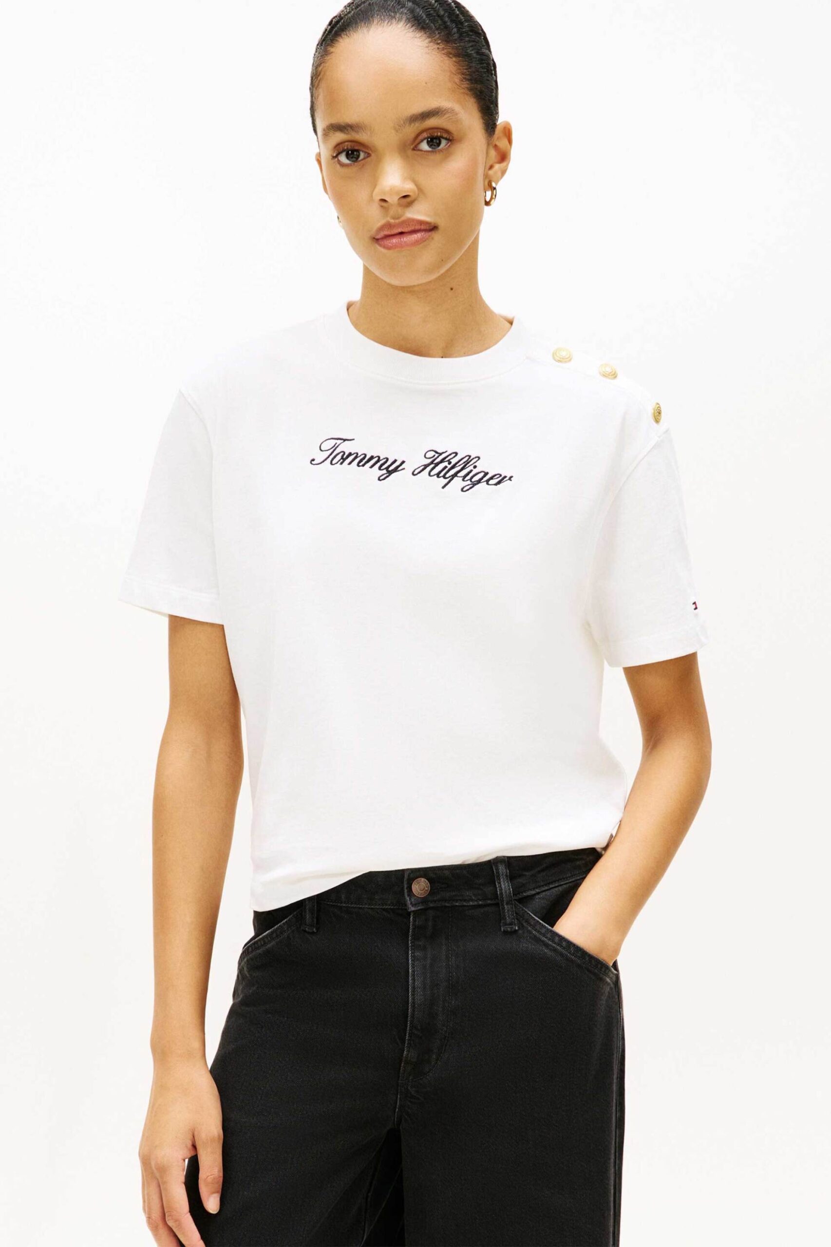 Tommy Hilfiger γυναικείο T-shirt με κεντημένο λογότυπο και χρυσά κουμπιά στον ώμο Relaxed Fit - WW0WW47819 Εκρού